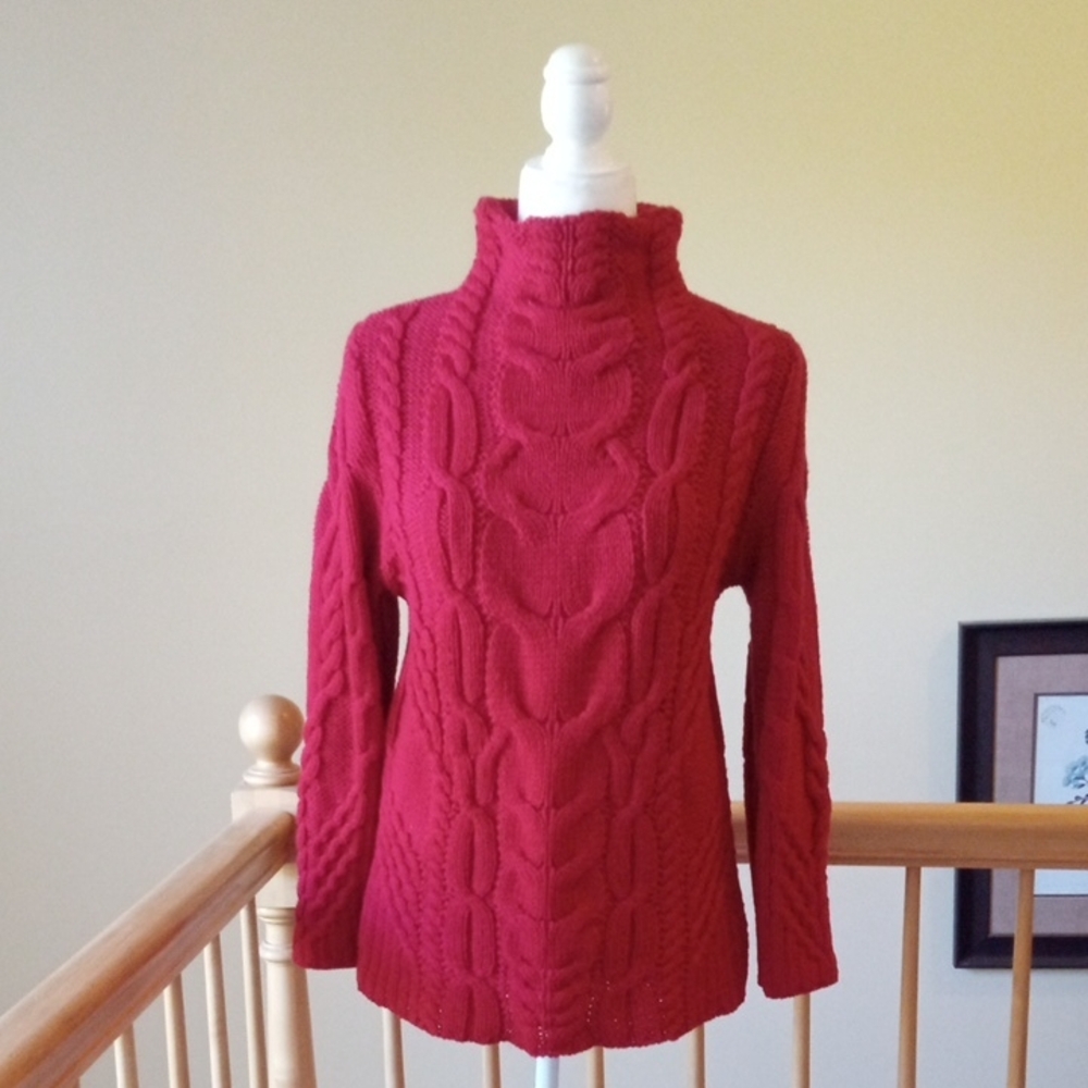 Classic Cable Knit Cowl Sweater — Red
